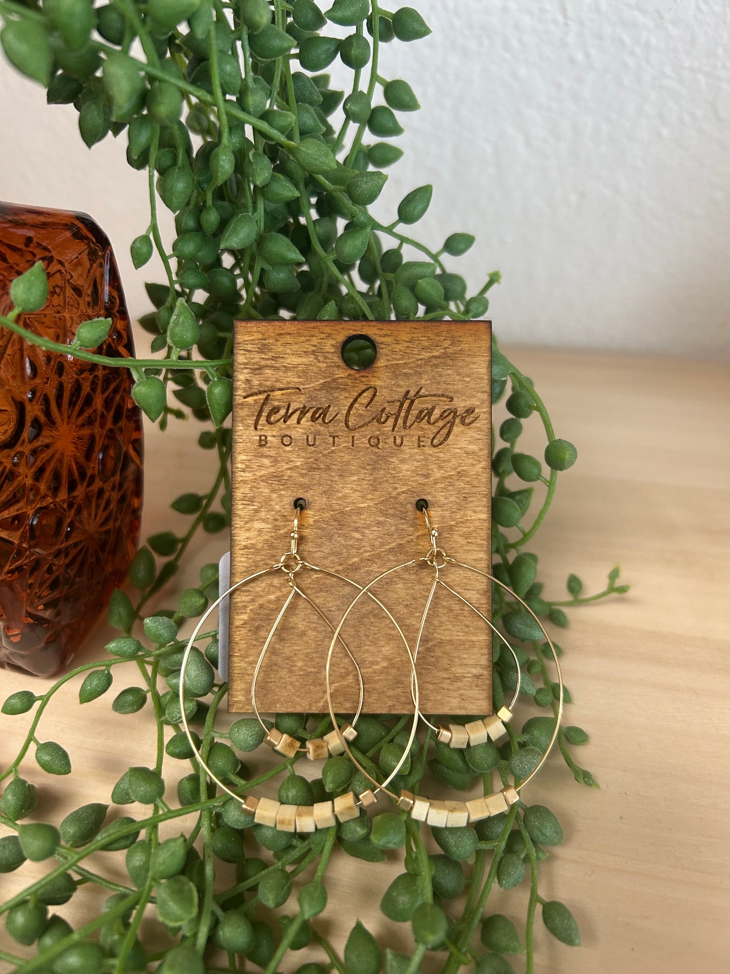 Wood And Metallic Beaded Hoop Tear Layered Dangle Earrings