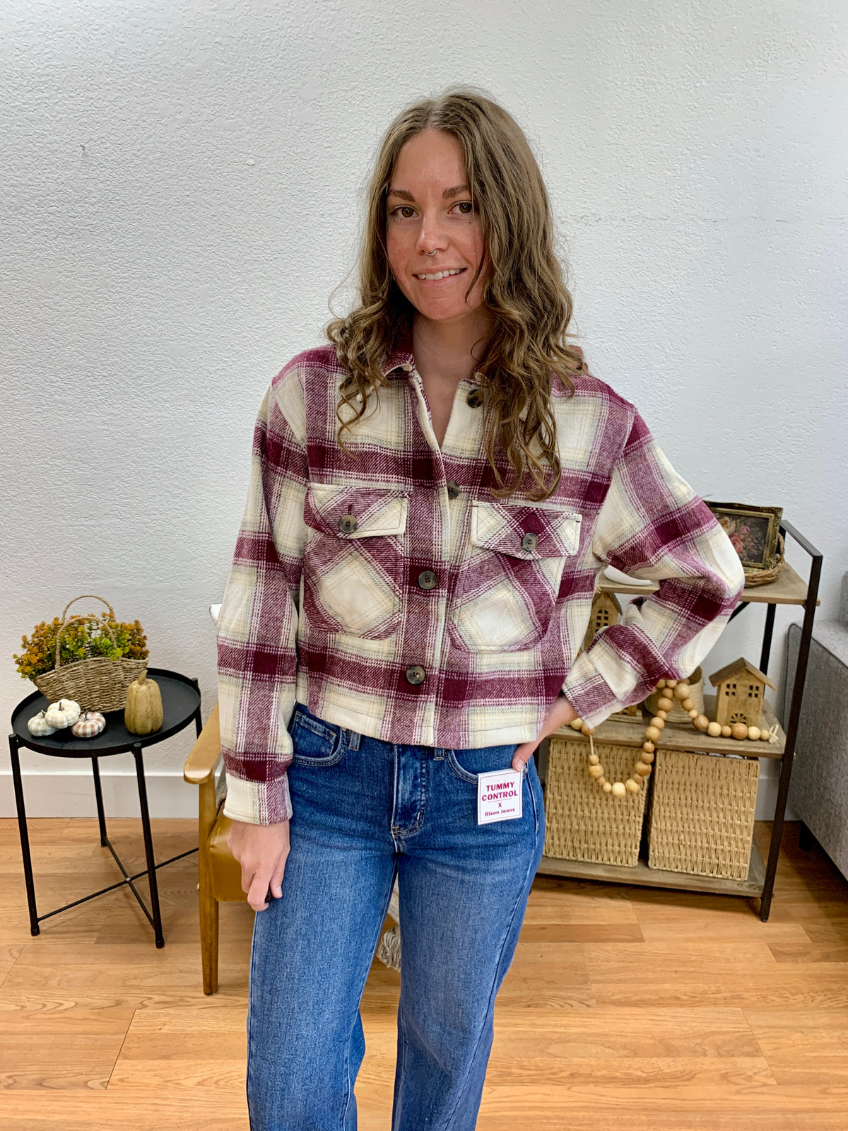 Burgundy Cropped Plaid Jacket