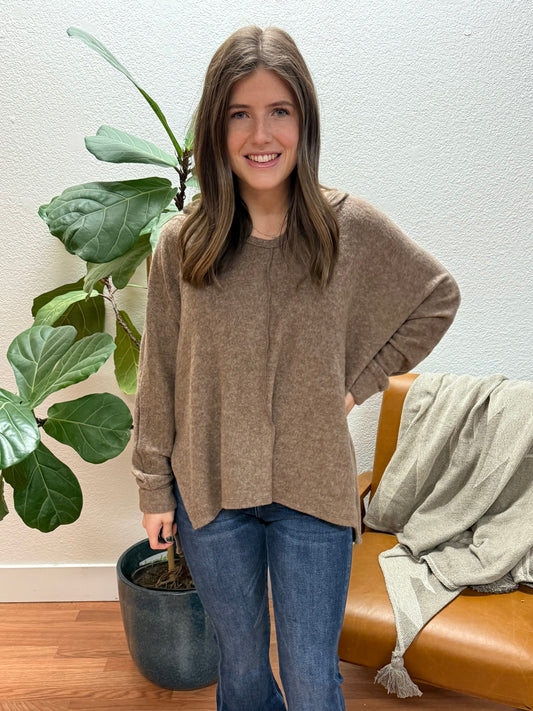 Mocha Brushed Hacci V-Neck Sweater