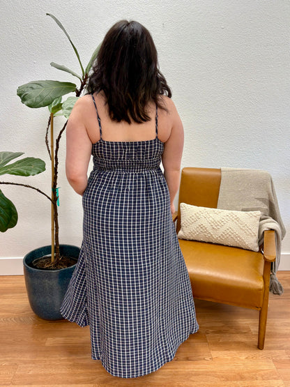 Navy Plaid Corset Midi Dress
