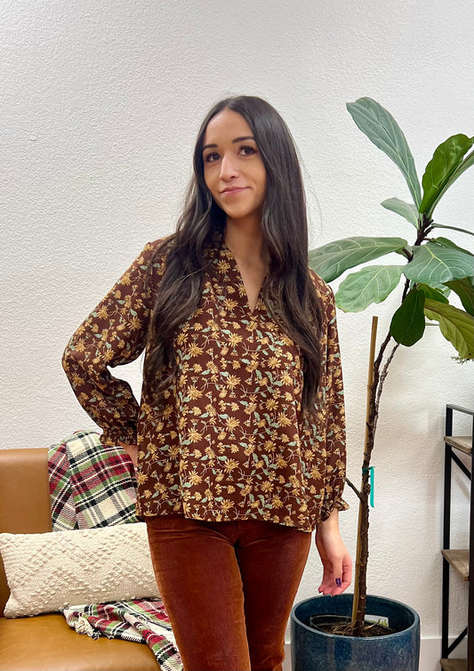 Brown Floral Long Sleeve Blouse