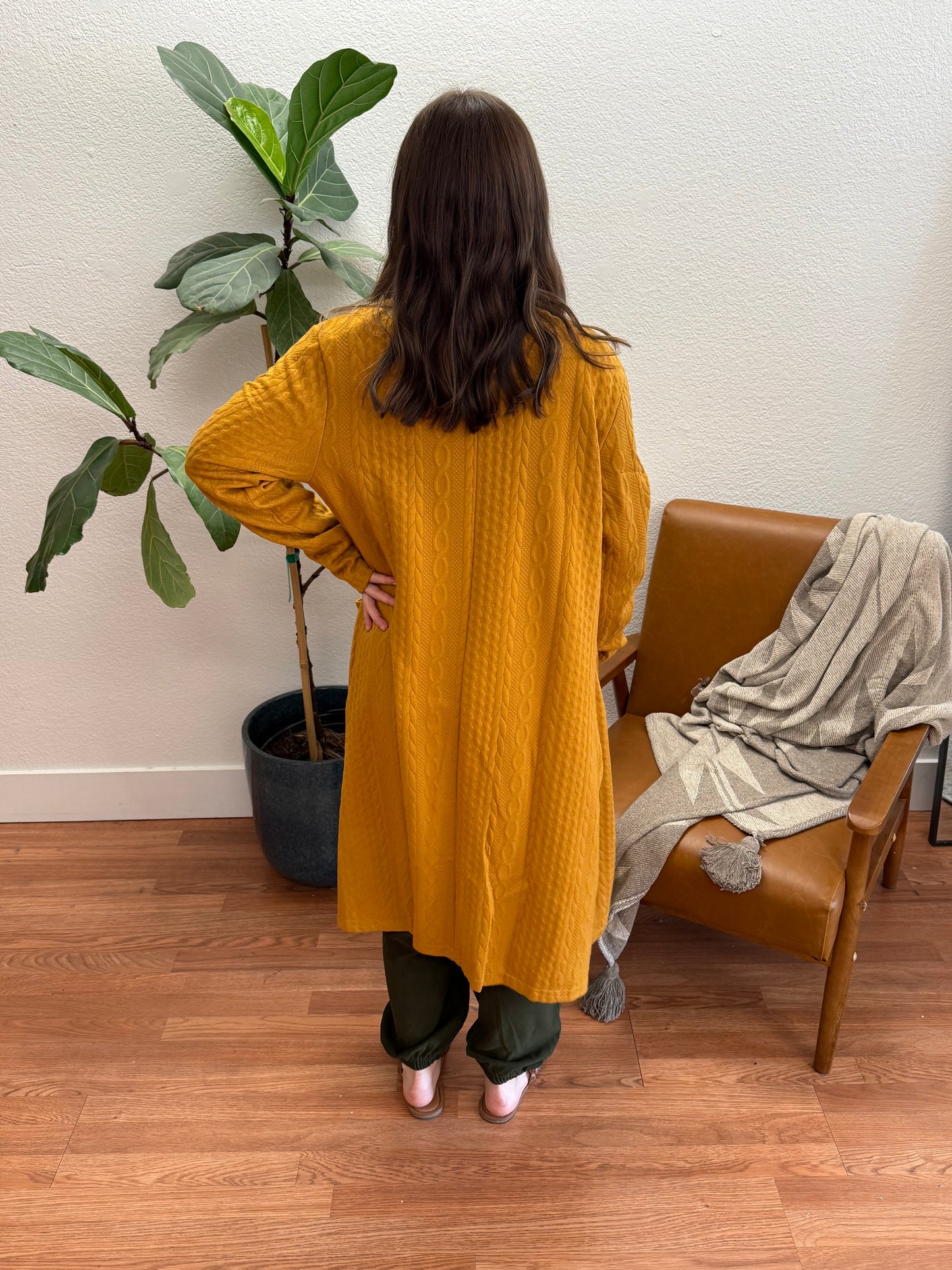 Mustard Braided Long Pocket Cardigan