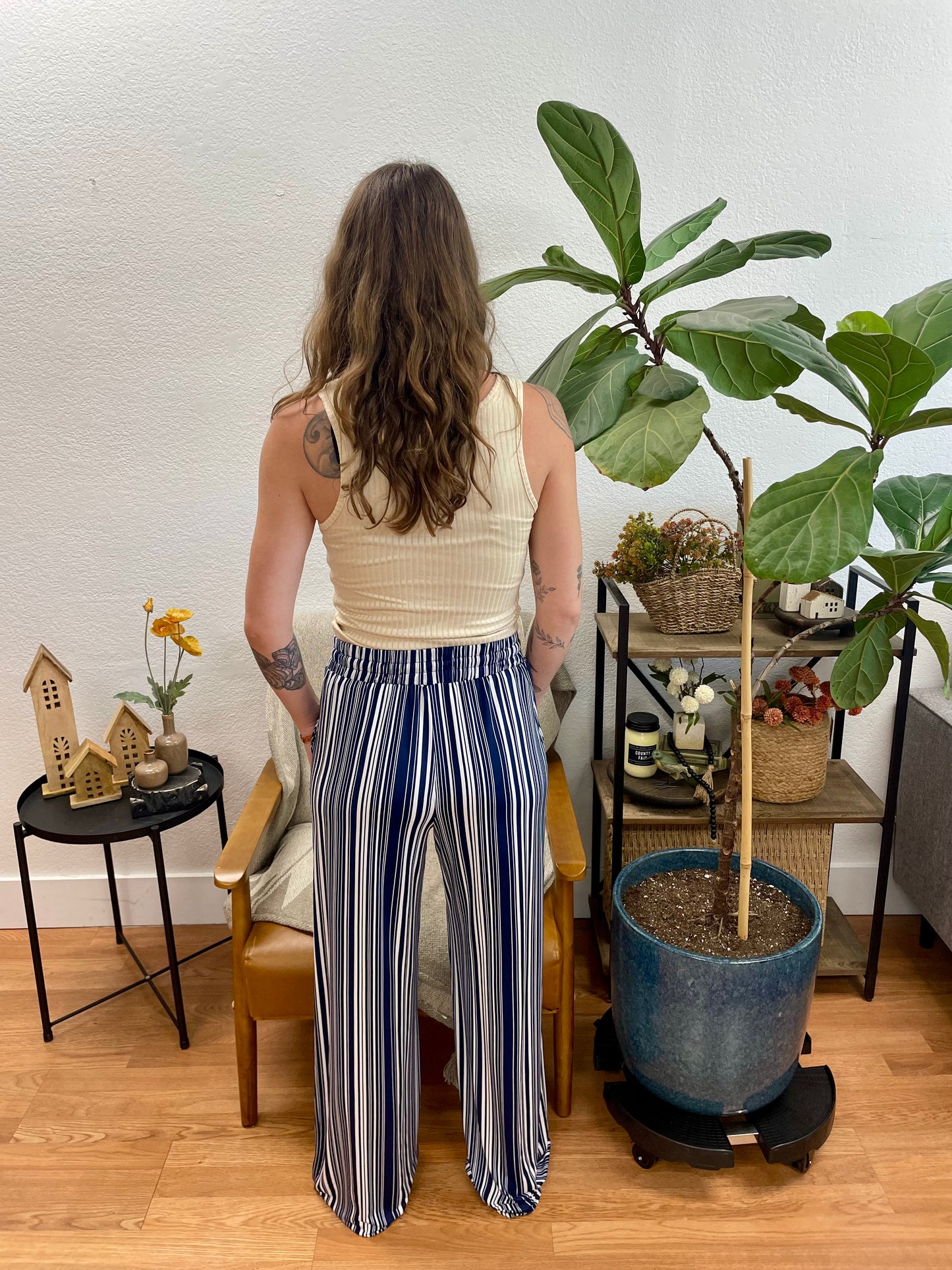 Navy Striped Drawstring Pants