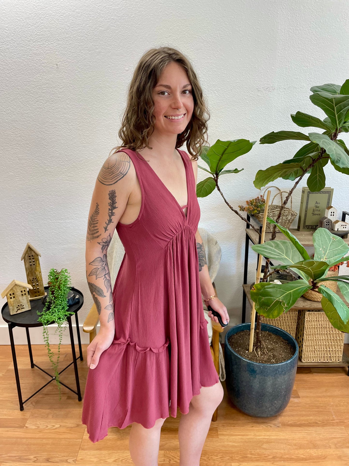 Wine V Neck Full Dress
