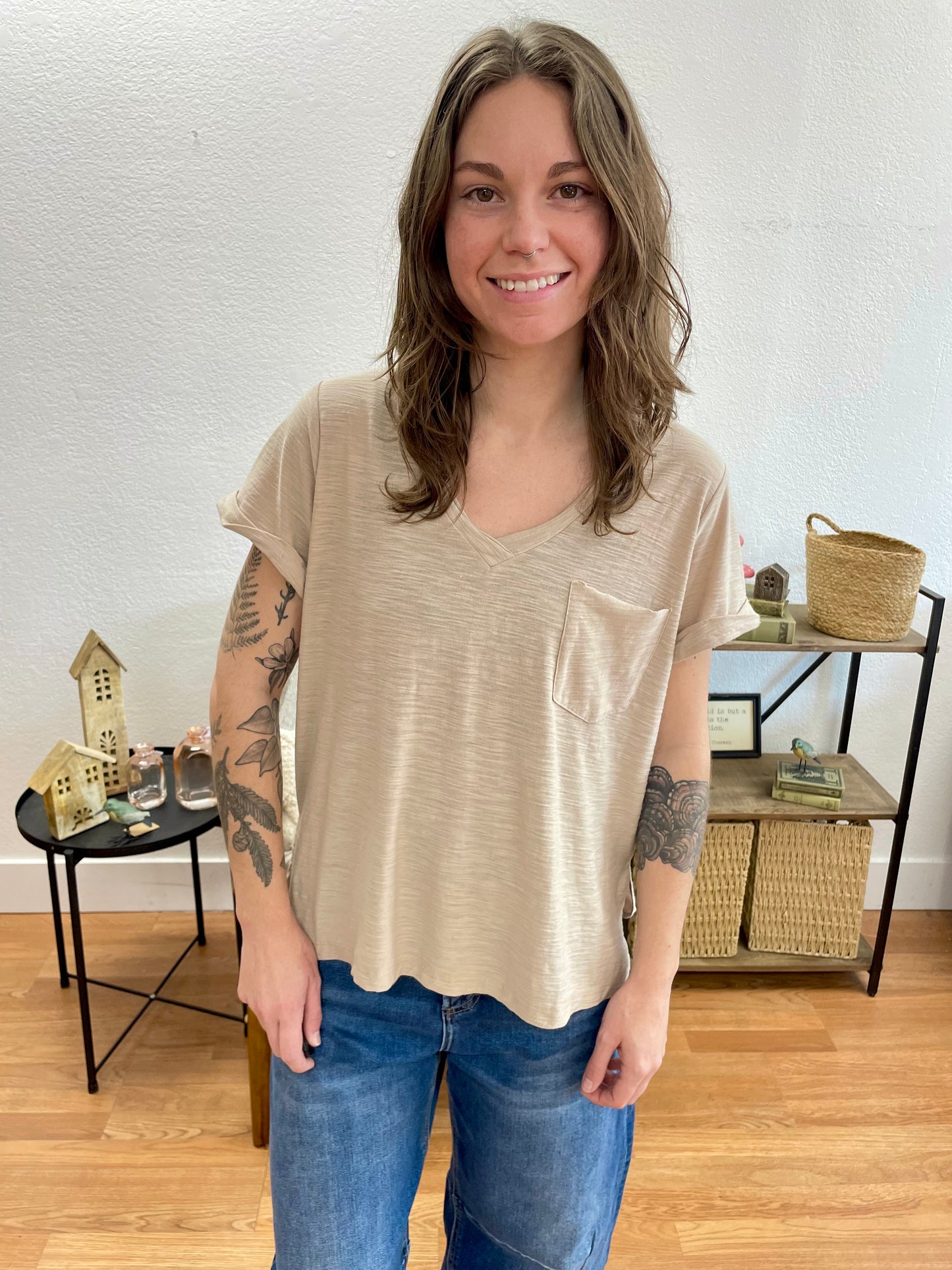 Mocha V Neck Slub Tee - Terra Cottage