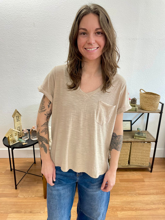 Mocha V Neck Slub Tee - Terra Cottage
