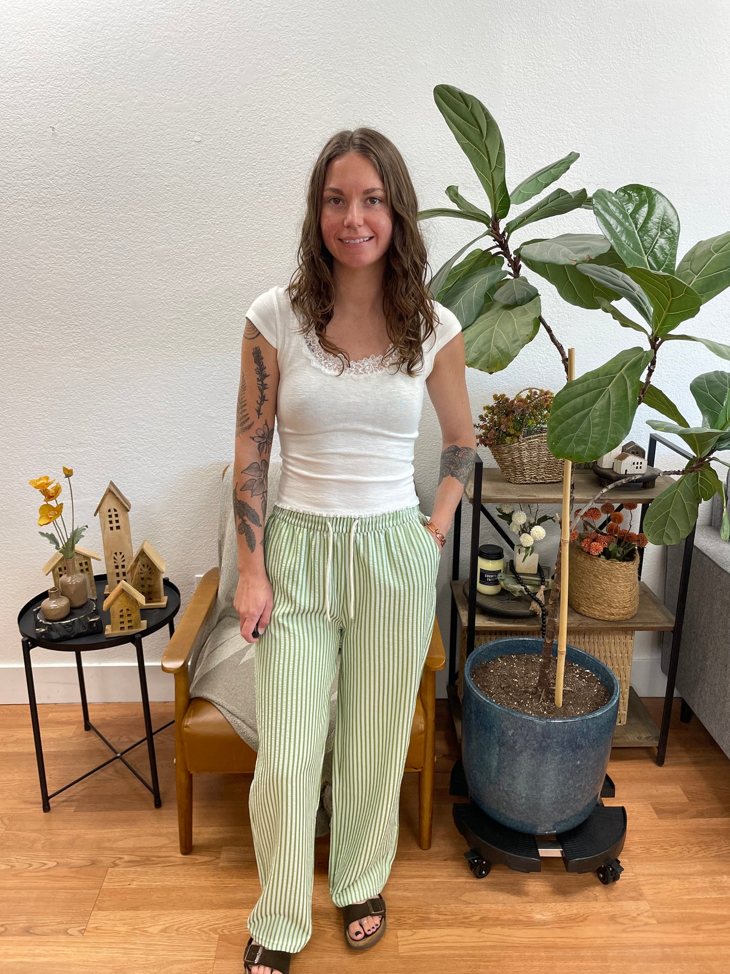 Olive Striped Drawstring Pants