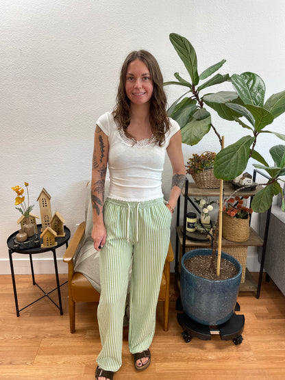 Olive Striped Drawstring Pants