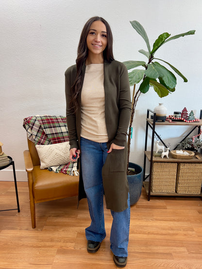 Olive Longline Open Cardigan