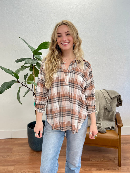 Brown Collared Plaid Blouse