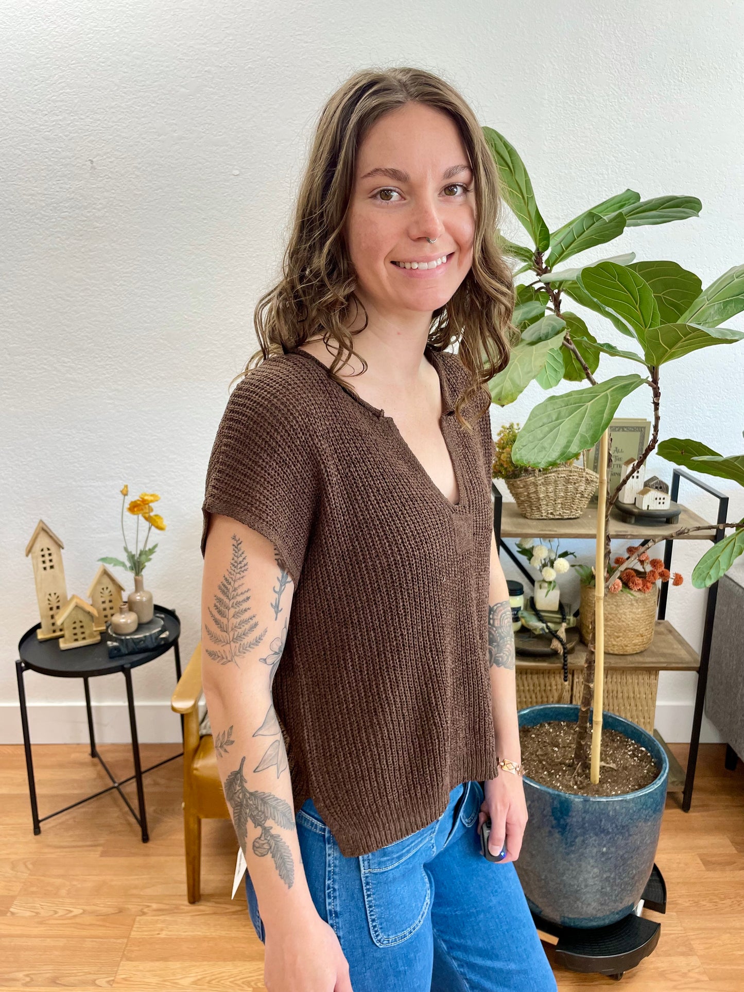 Brown Split Neck Knit Top