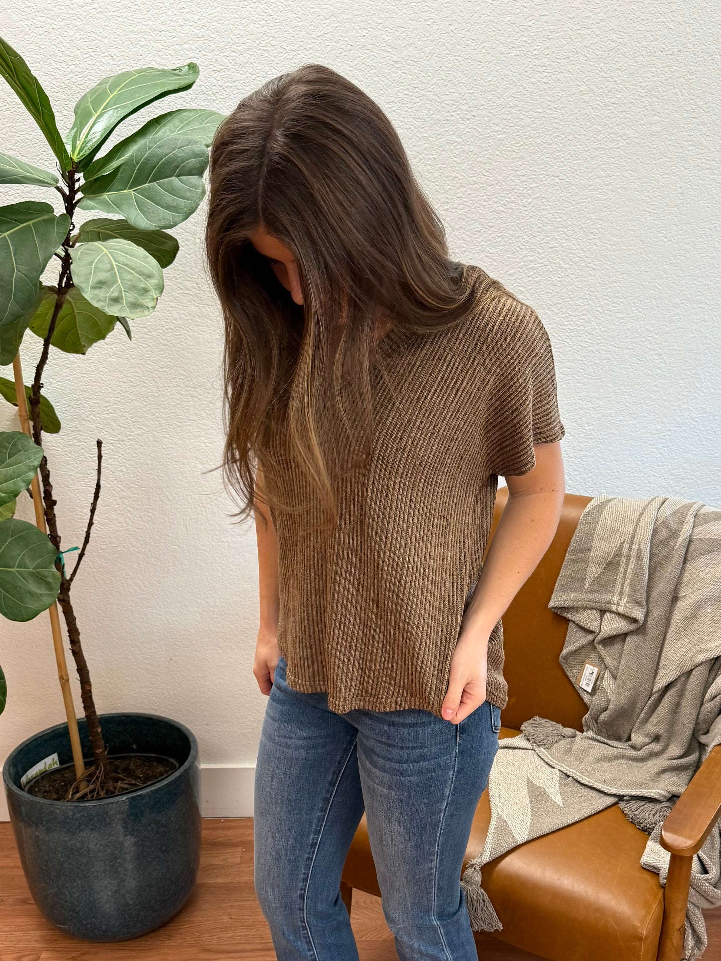 Brown V-Neck Sweater Knit Top