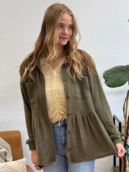 Olive Solid Waffle Shacket
