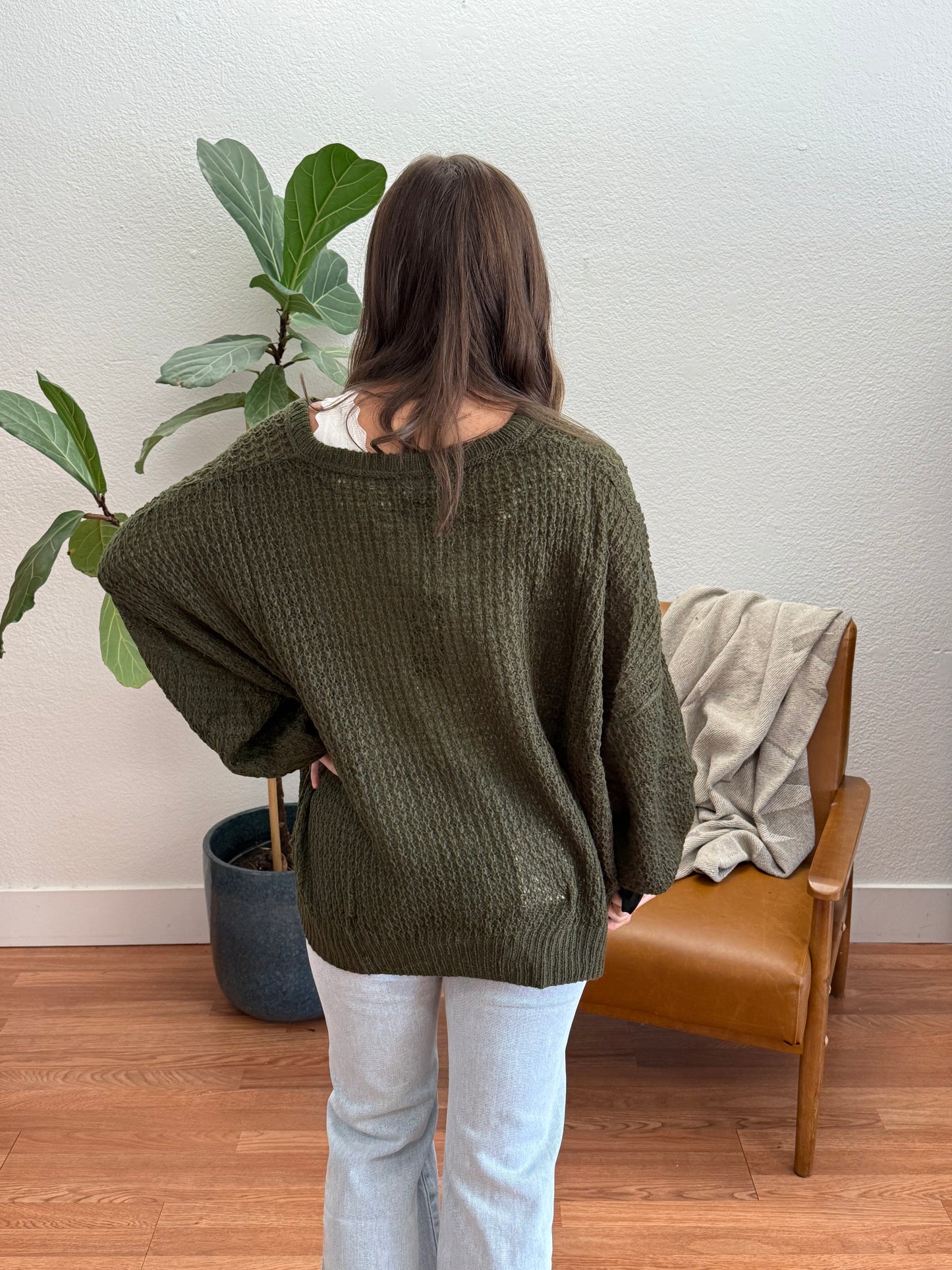 Olive V-Neck Knit Pullover