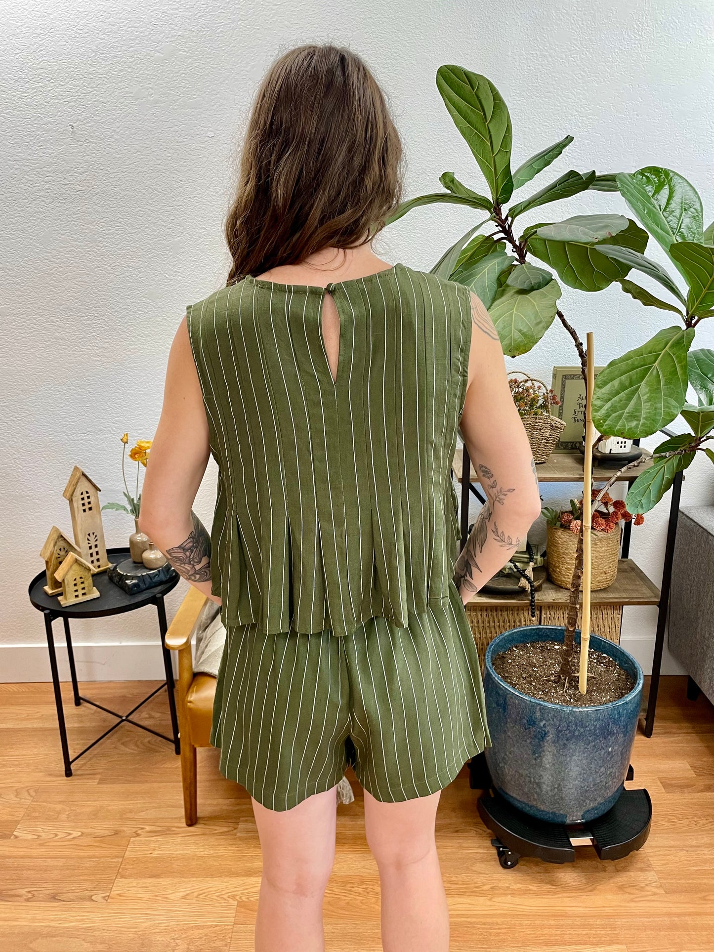 Olive Linen Striped Sleeveless Top