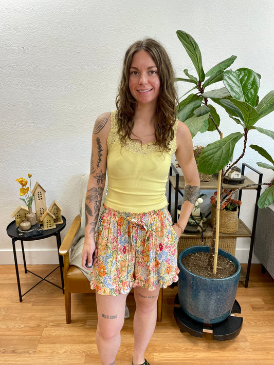 Cream Floral Belted Shorts