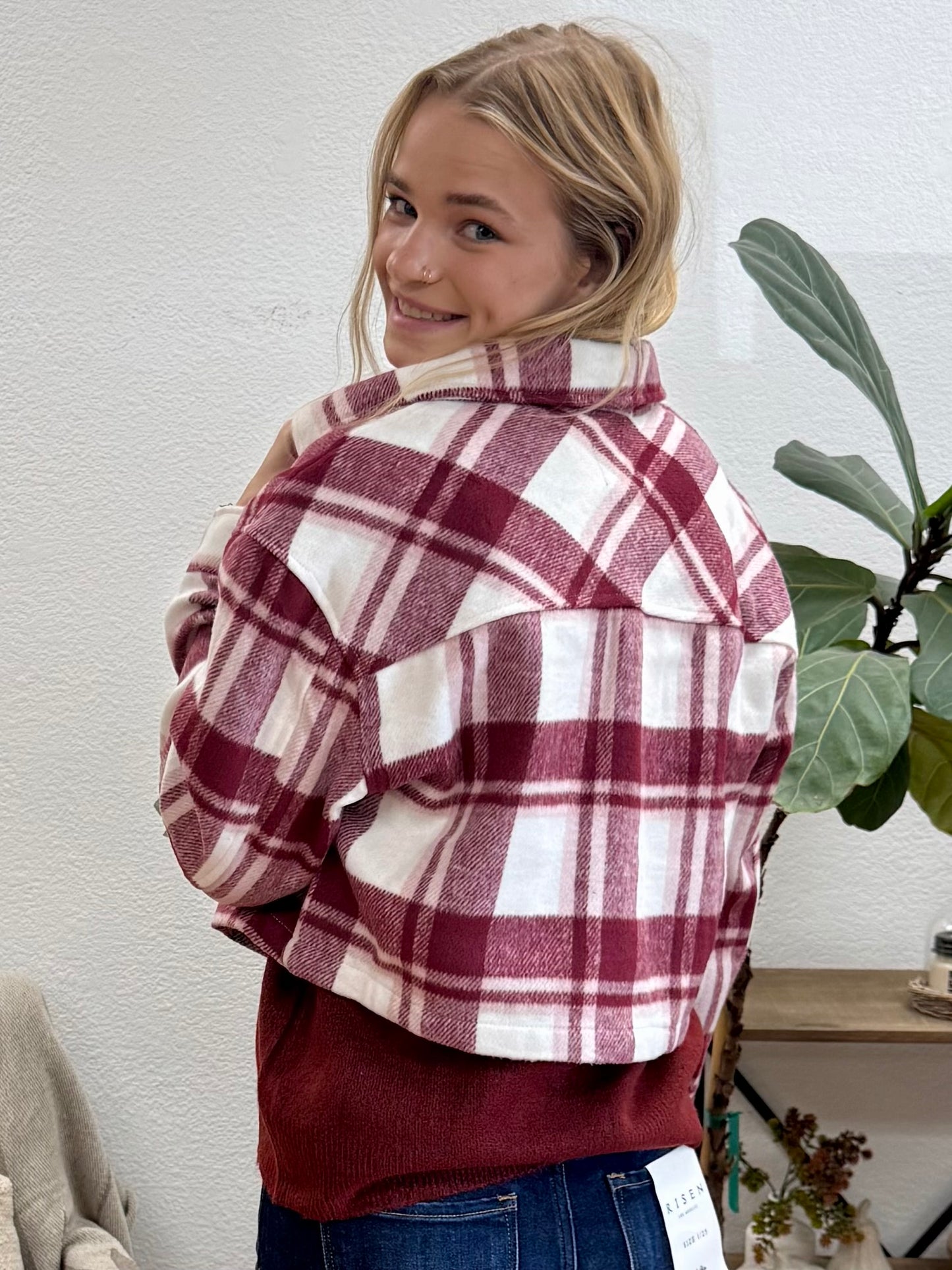 Burgundy Cropped Button Down Jacket