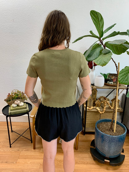 Olive Scalloped Short Sleeve Cardigan