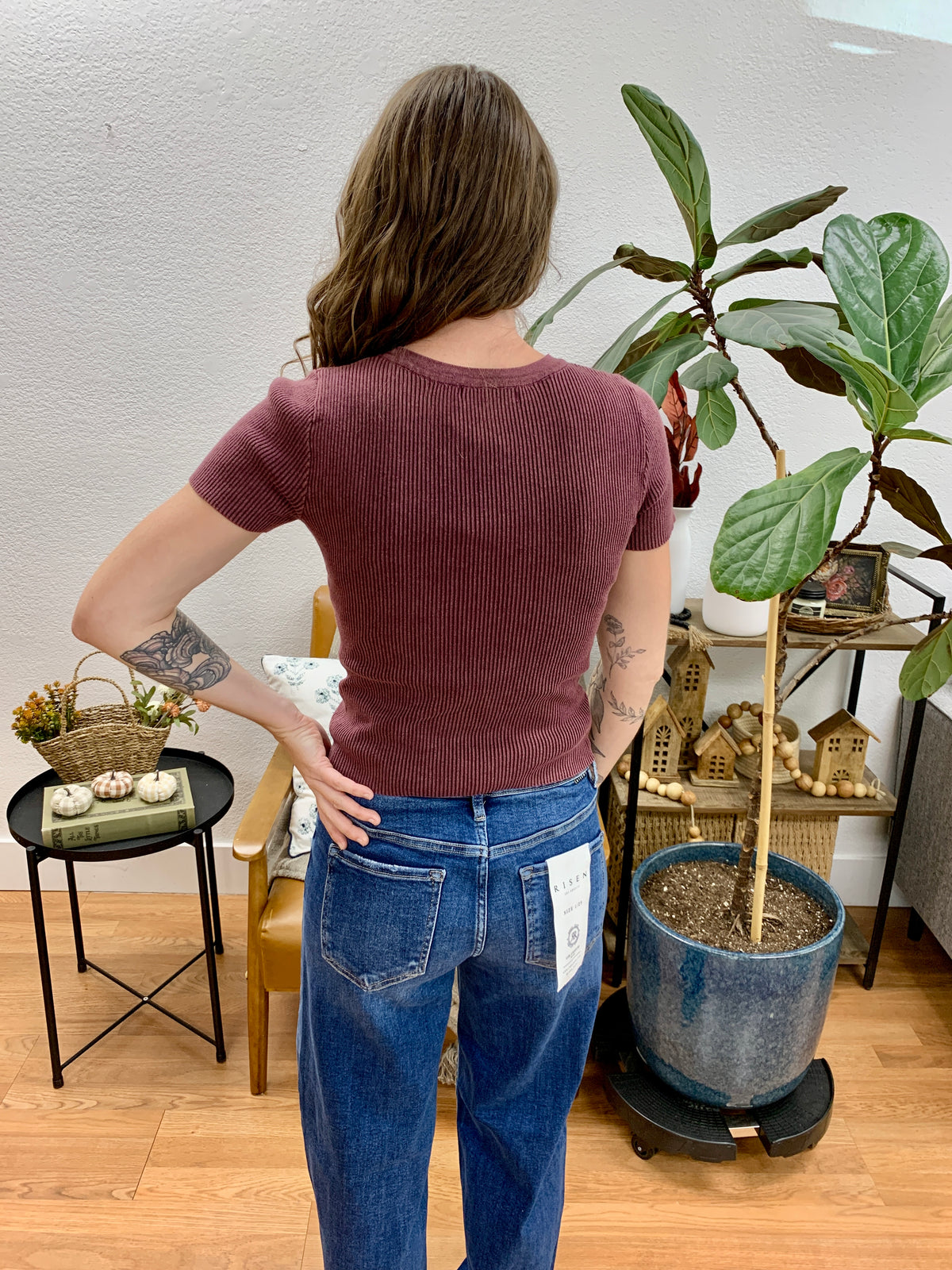 Maroon Washed Ribbed Knit Top