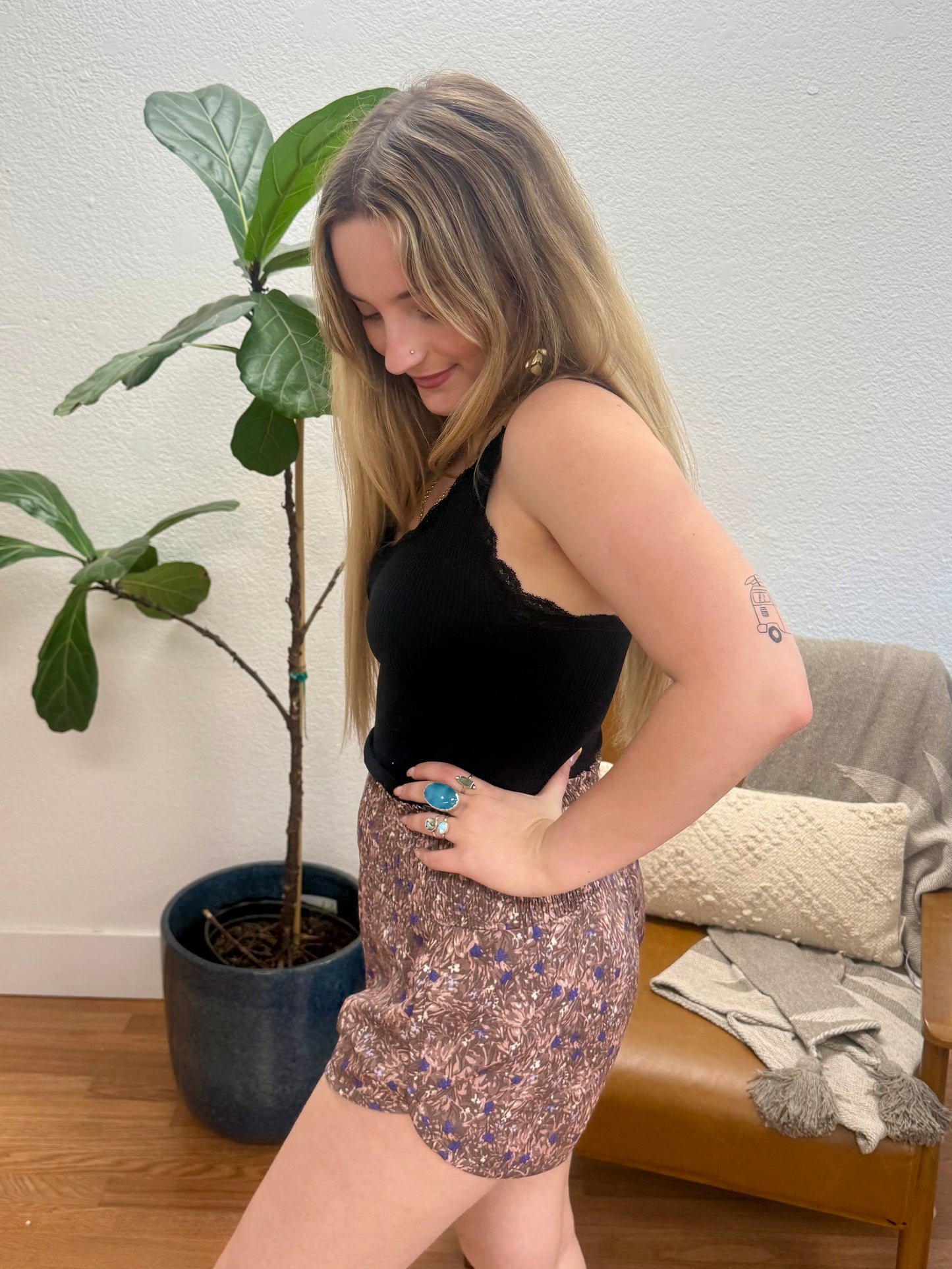 Purple Floral Smocked Shorts