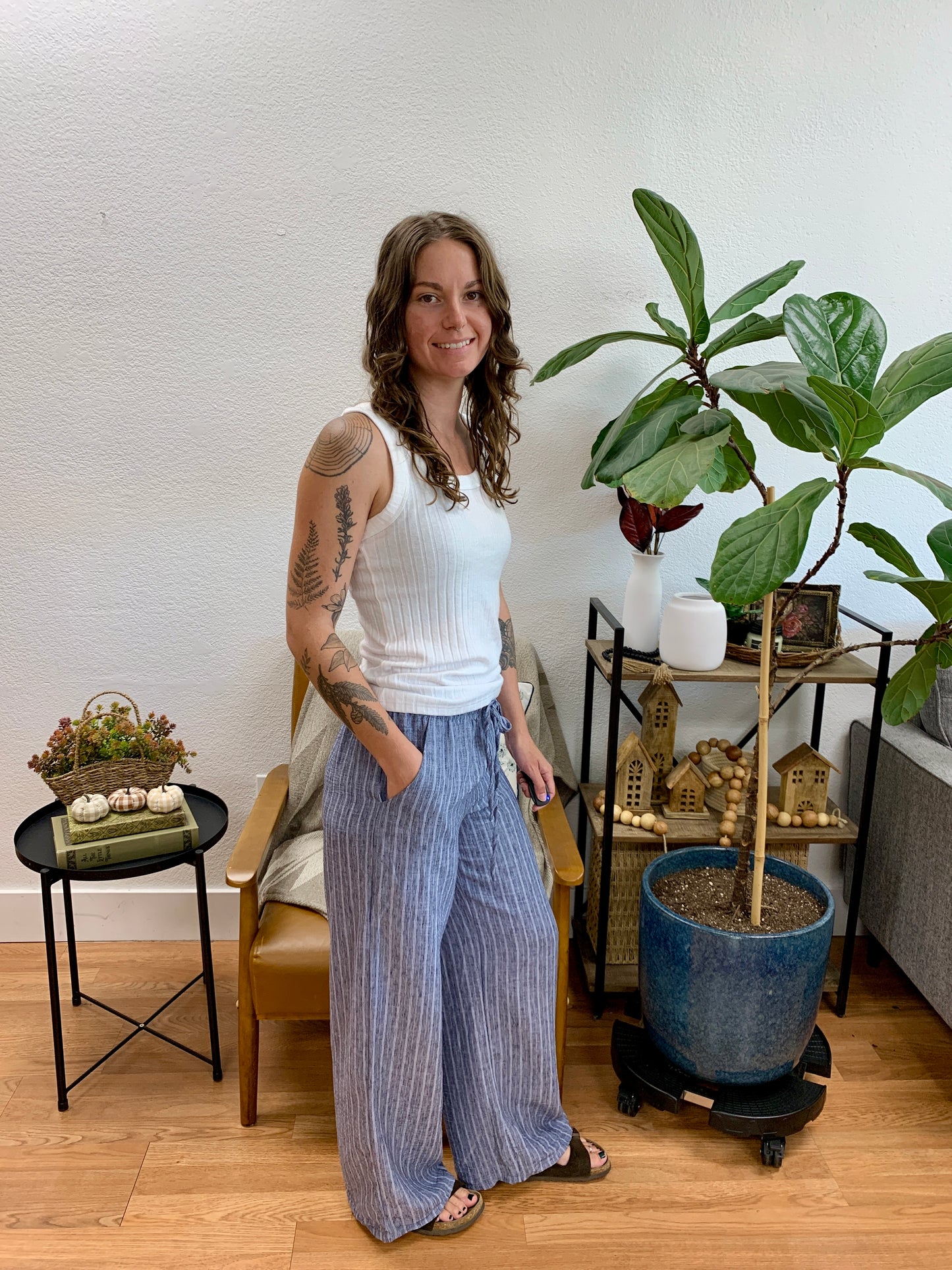 Navy Striped Wide Leg Pants
