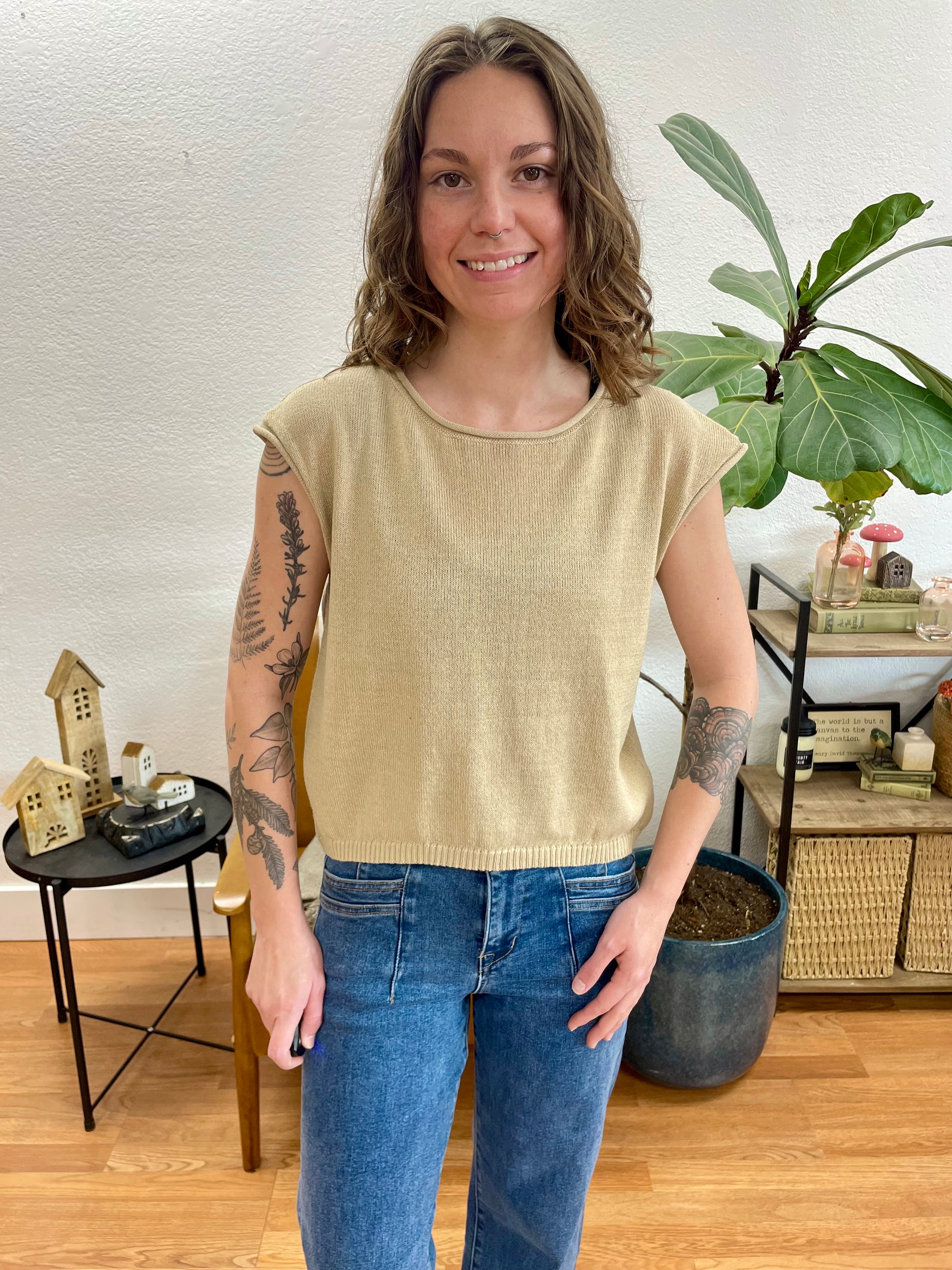 Khaki Raw Edge Sweater Top - Terra Cottage