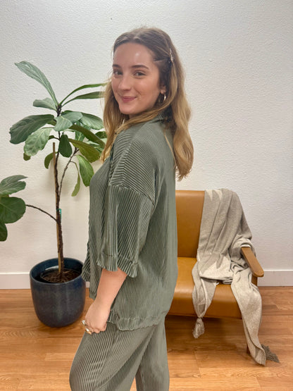 Olive Pleated Button Up Top