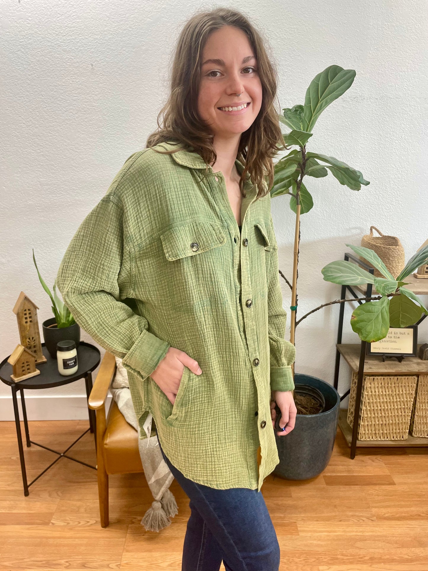 Olive Washed Button Up Oversized Shirt - Terra Cottage