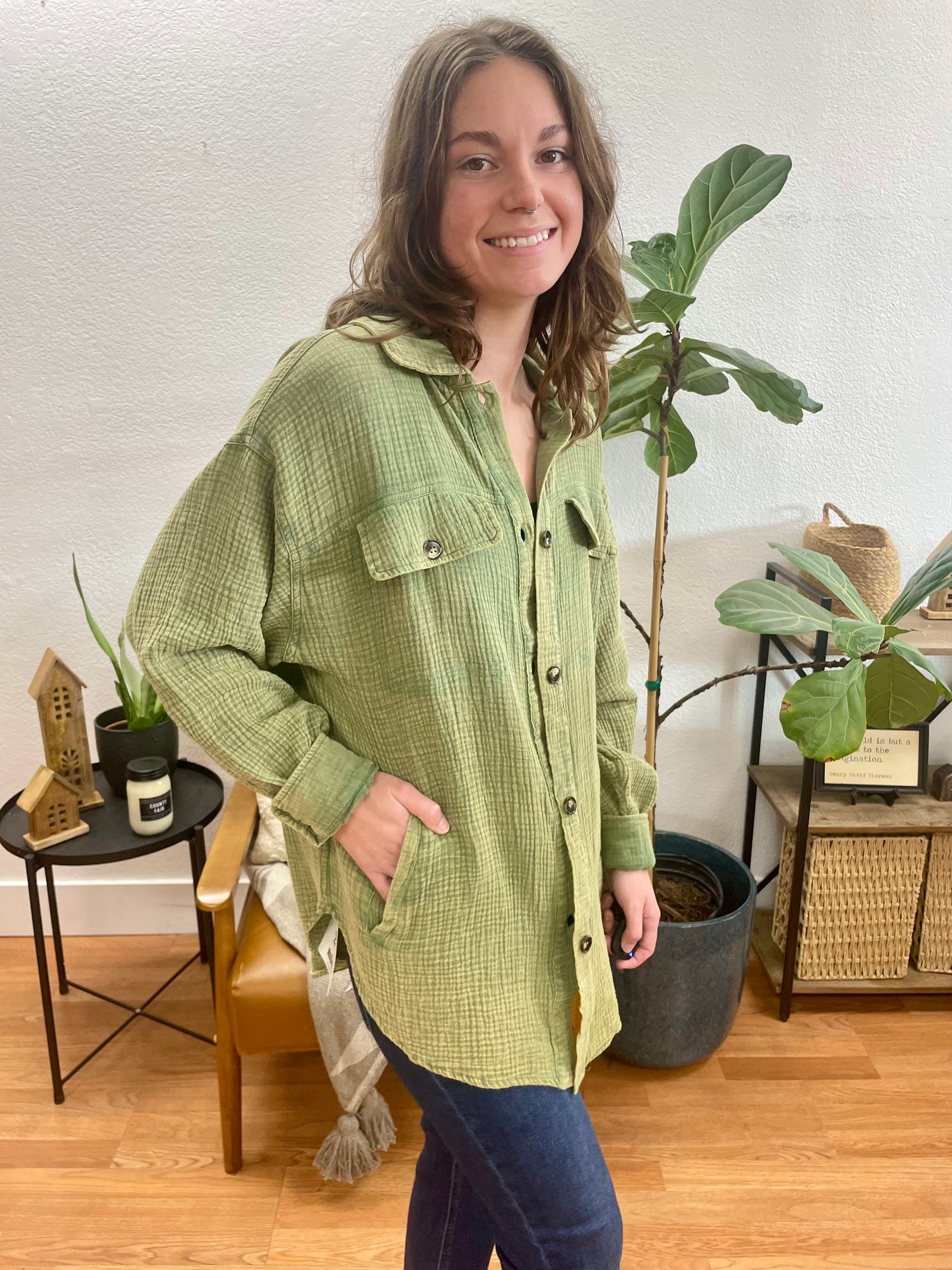 Olive Washed Button Up Oversized Shirt - Terra Cottage