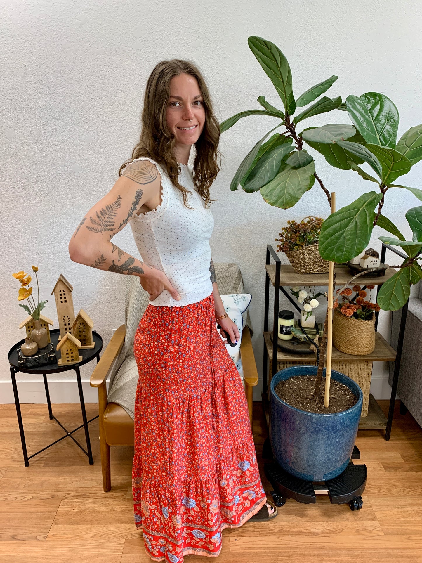 Red Border Print Maxi Skirt