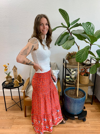 Red Border Print Maxi Skirt