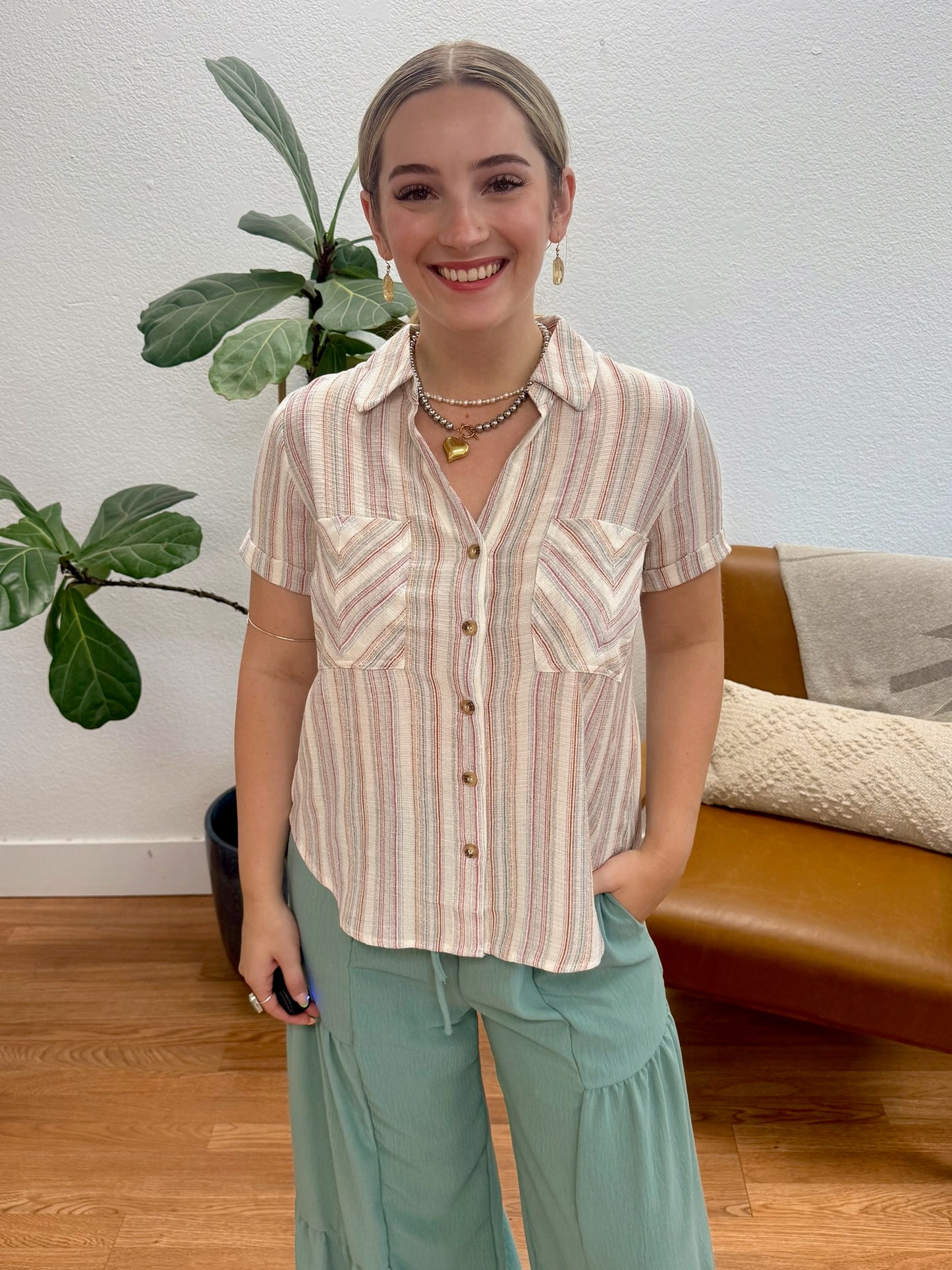 Natural Multicolor Stripe Button Down Top