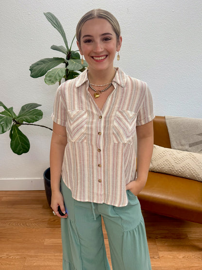 Natural Multicolor Stripe Button Down Top