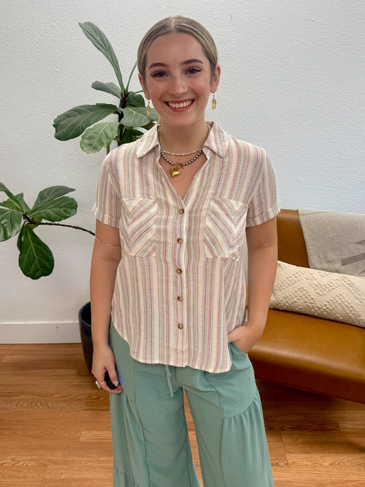 Natural Multicolor Stripe Button Down Top