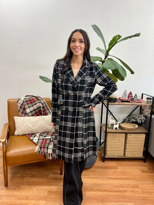 Black Plaid Button Closure Coat