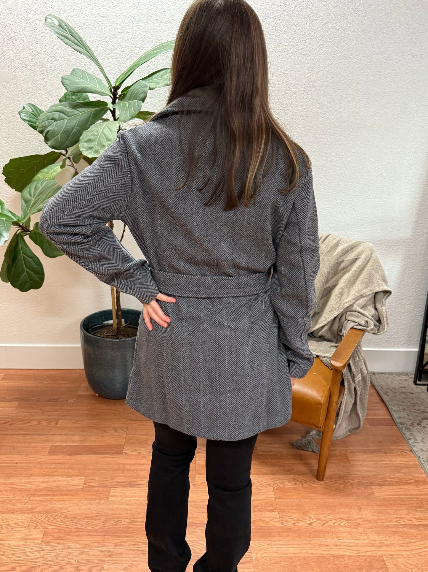 Black Herringbone Brush Trench Coat