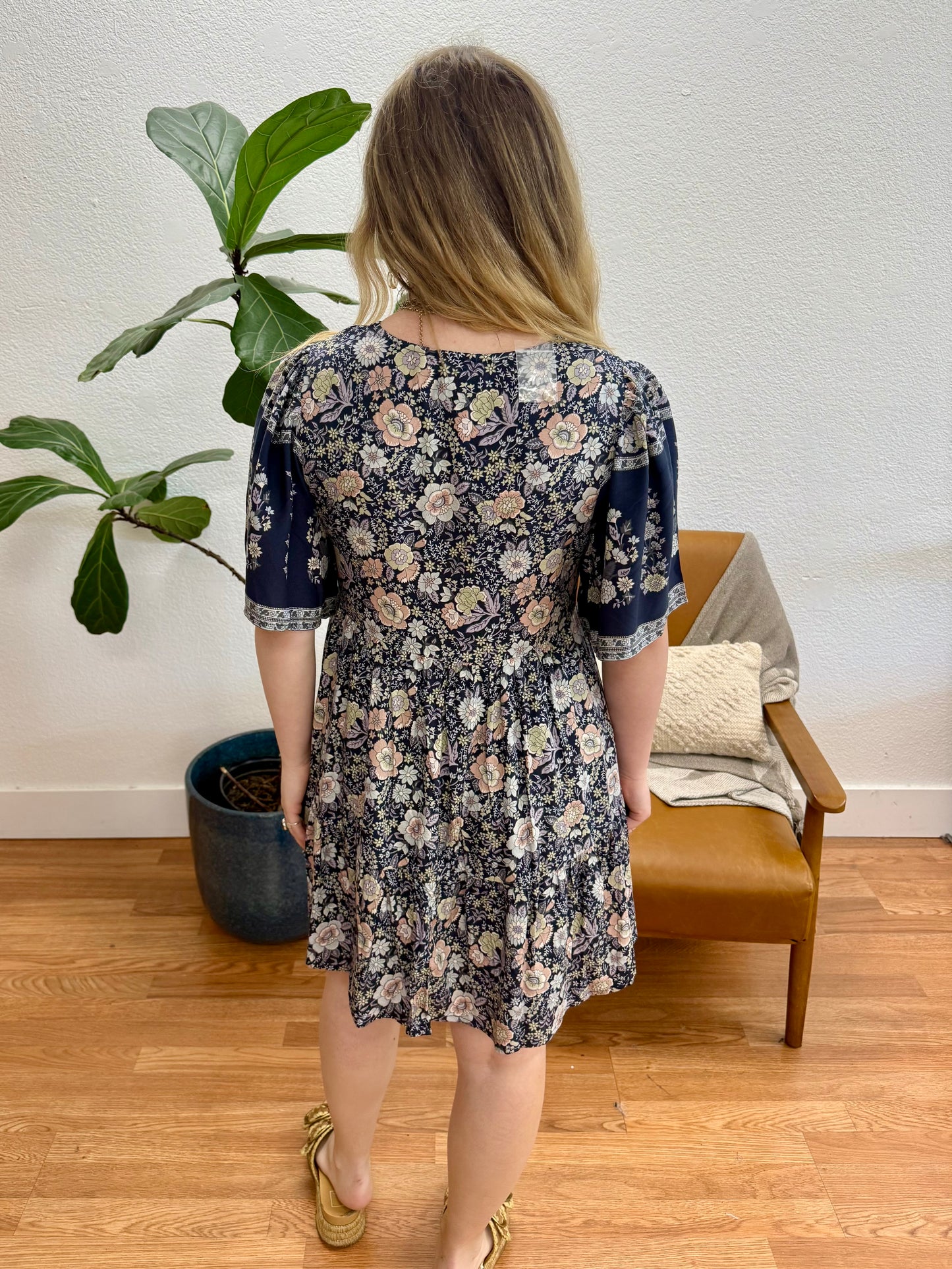Navy Shirring Woven Mini Dress