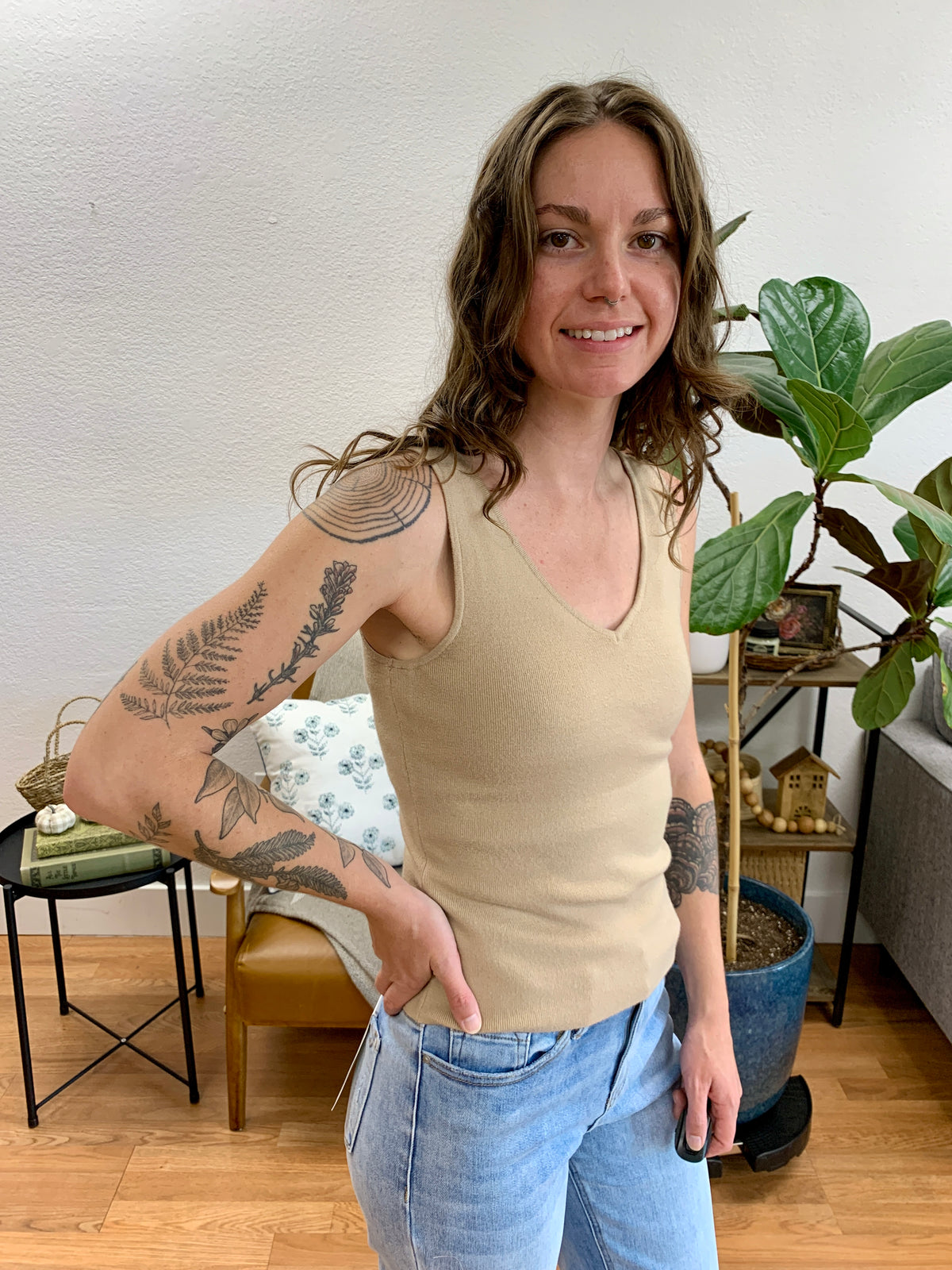 Taupe V Neck Soft Knit Tank