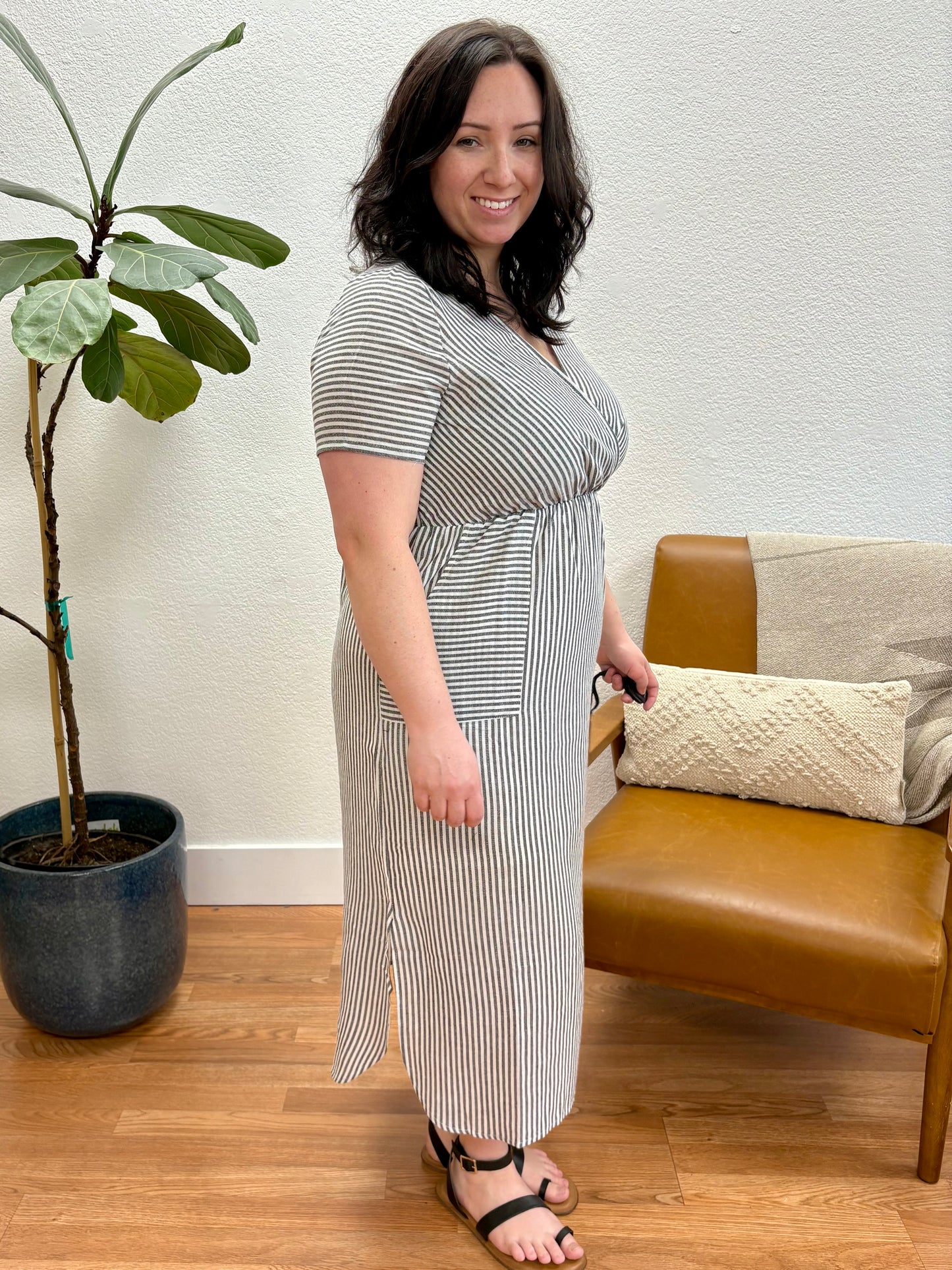 Black Stripe Surplice Woven Dress