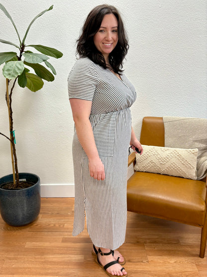 Black Stripe Surplice Woven Dress
