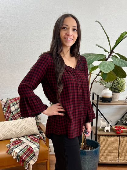 Burgundy Embroidered Gingham Blouse