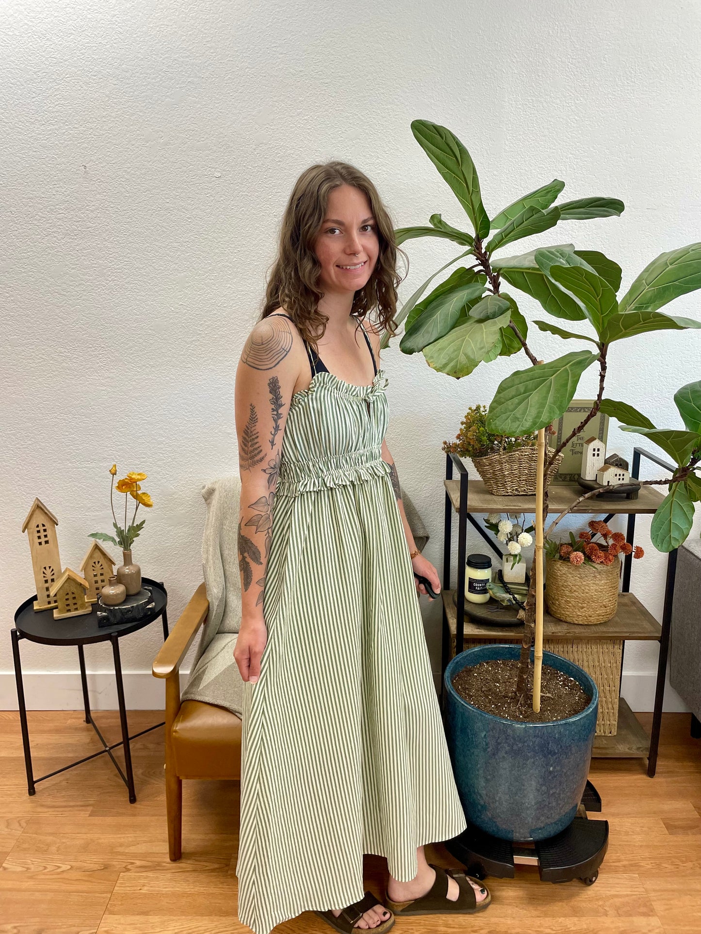 Green Striped Keyhole Detail Midi Dress