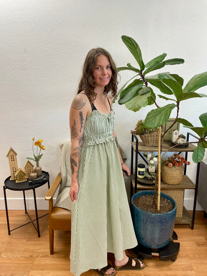 Green Striped Keyhole Detail Midi Dress