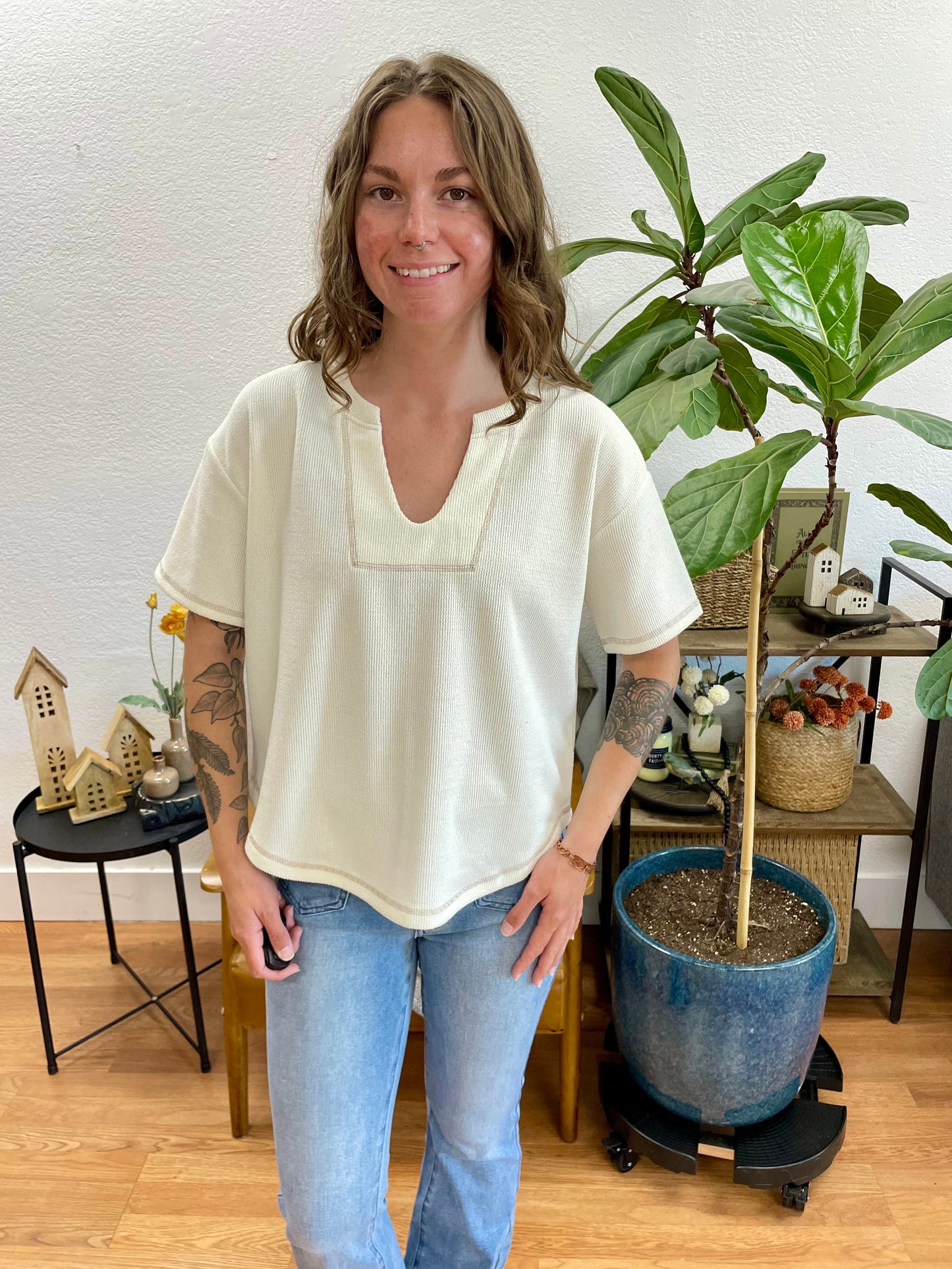 Ivory Split Neck Terry Knit Top
