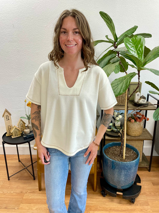 Ivory Split Neck Terry Knit Top