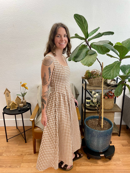Brown Plaid Basque Waist Midi Dress