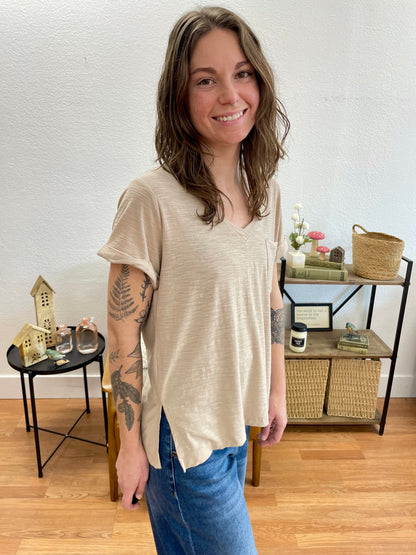 Mocha V Neck Slub Tee - Terra Cottage