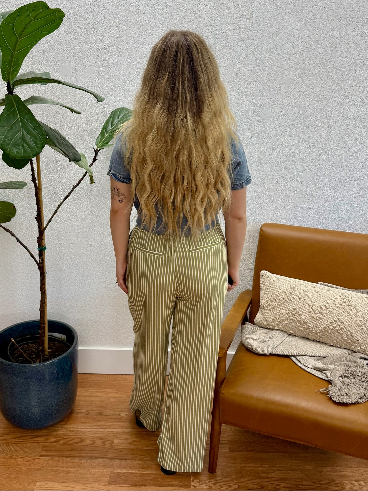 Olive Stripe Linen Wide Leg Pants - Terra Cottage