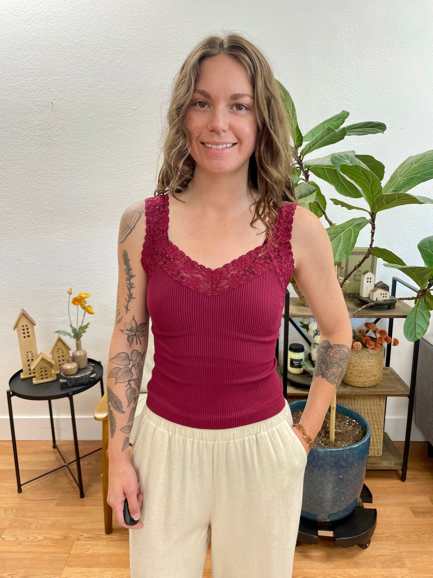 Wine Lace Trim Tank