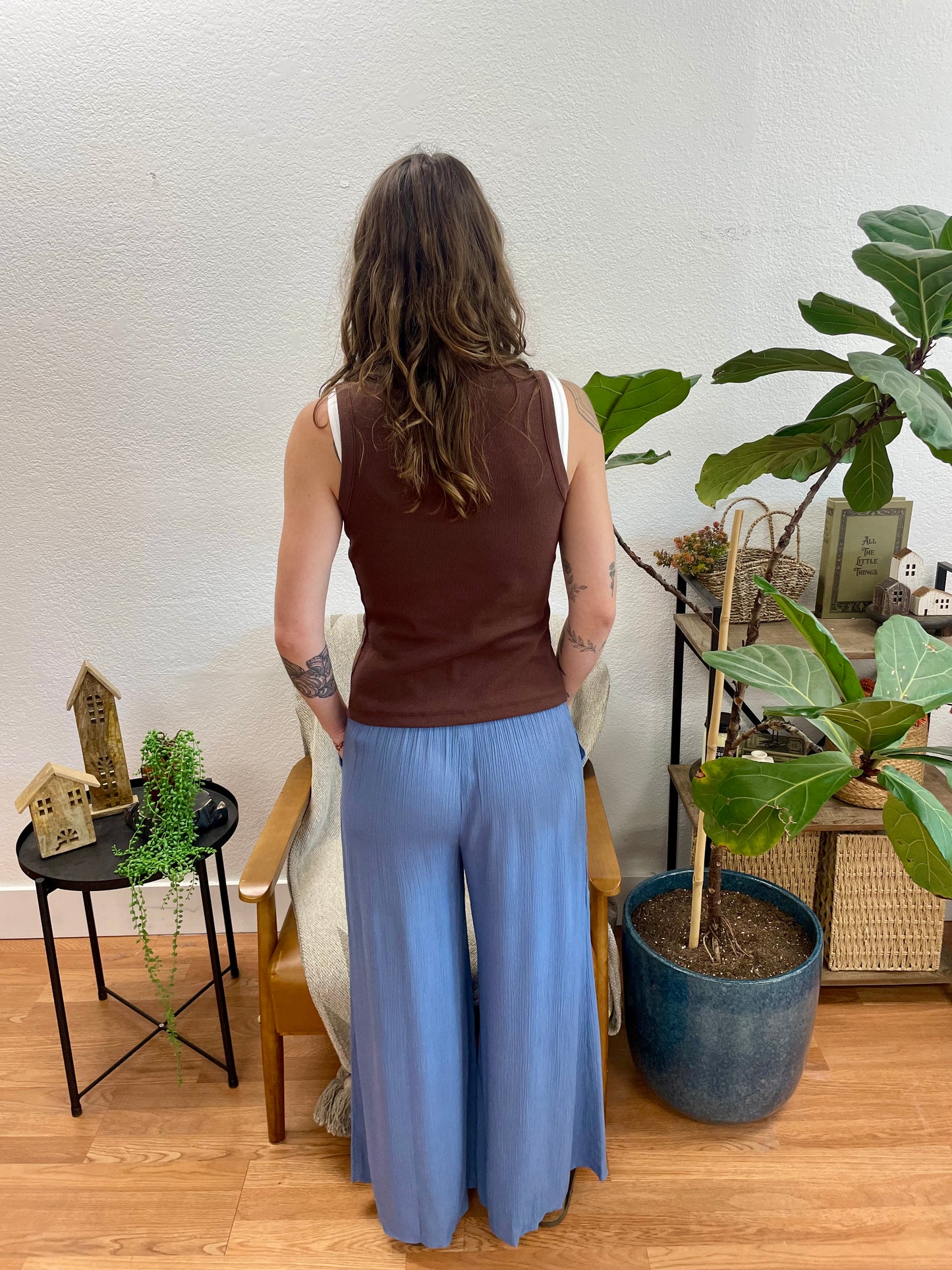 Dusty Blue Smocked Gauze Pants